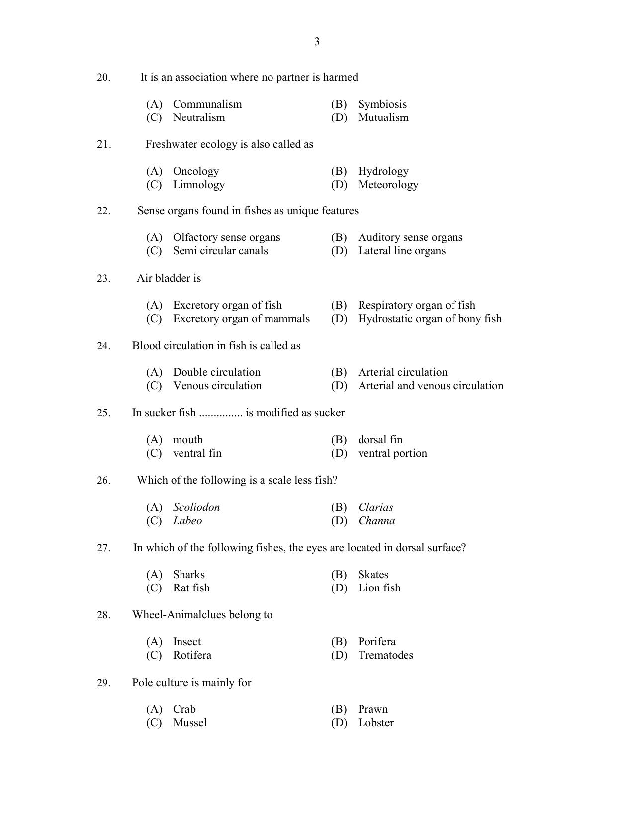 CUSAT CAT 2017 Fisheries Question Paper - Page 3