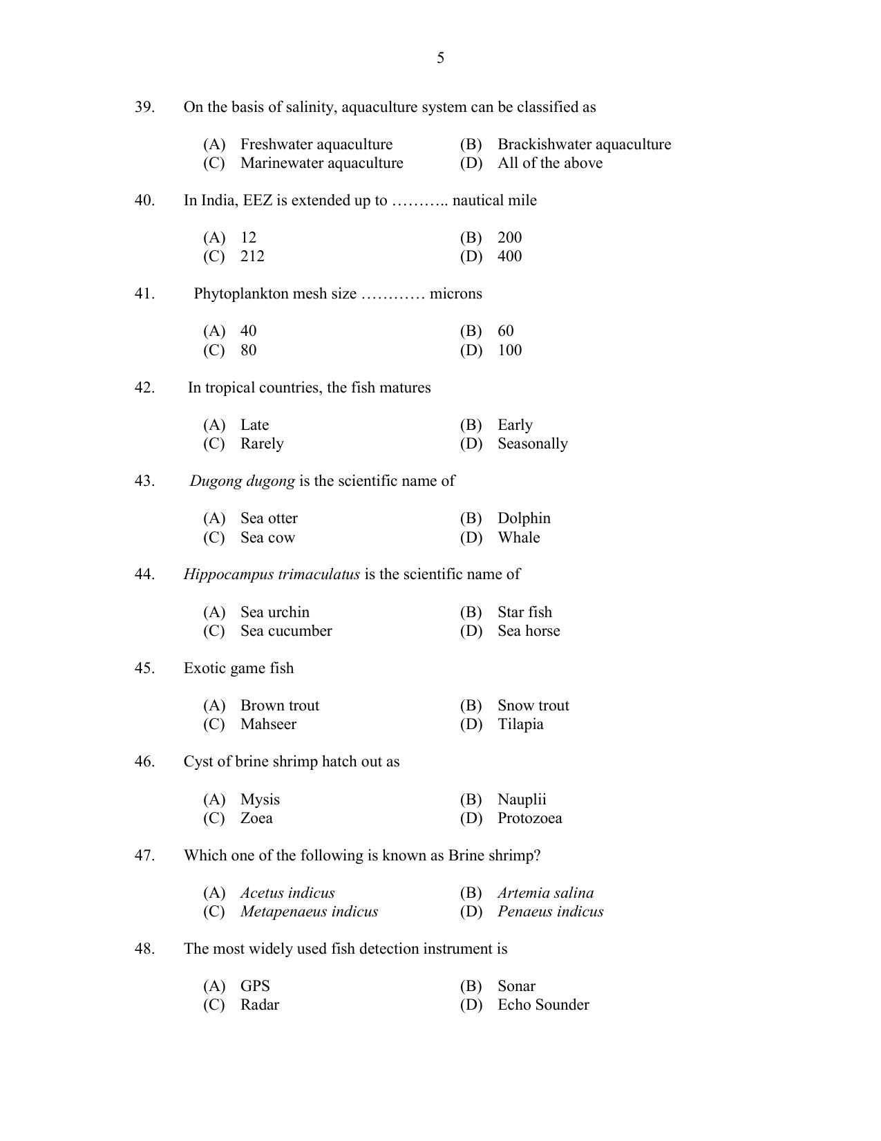 CUSAT CAT 2017 Fisheries Question Paper - Page 5