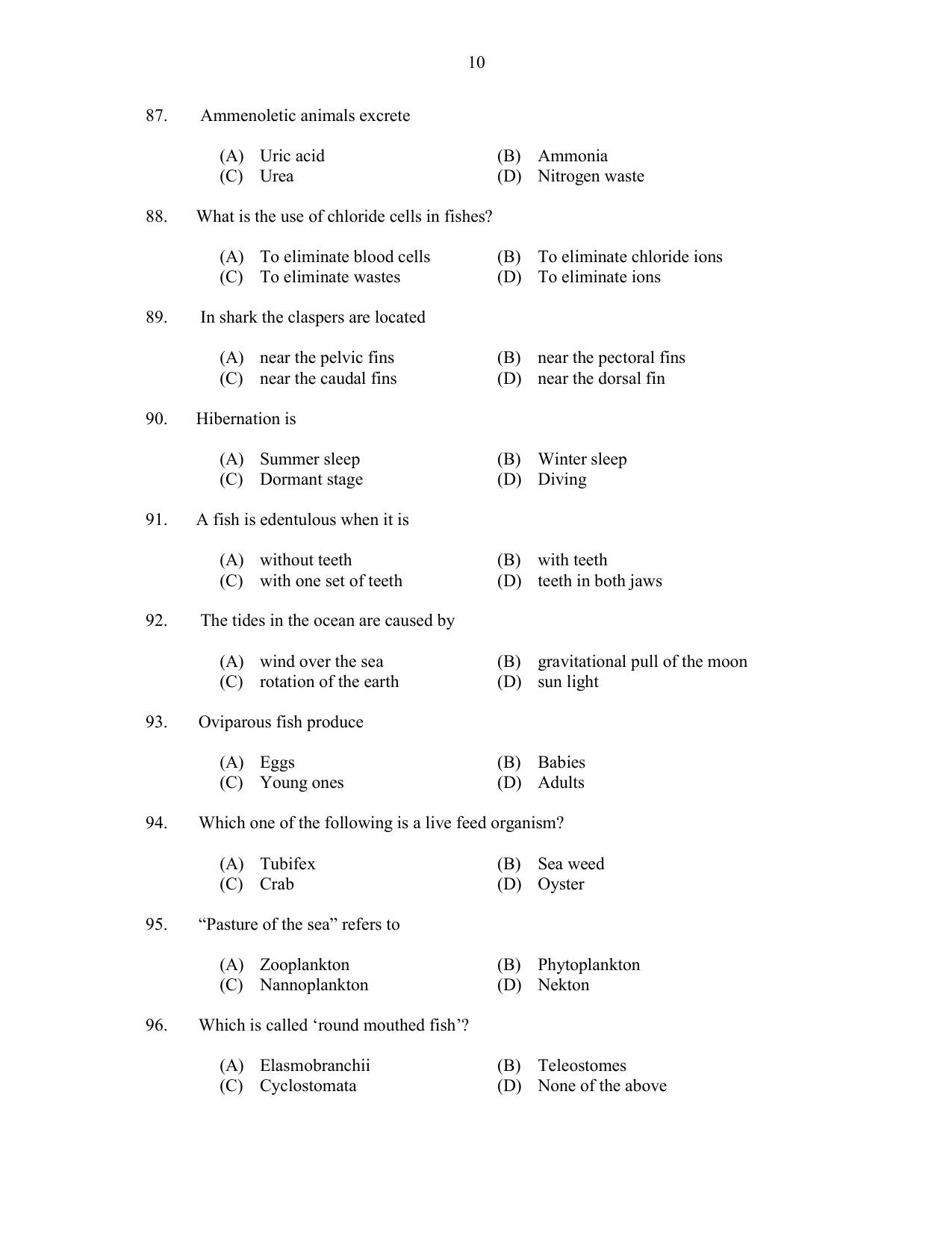 CUSAT CAT 2017 Fisheries Question Paper - Page 10