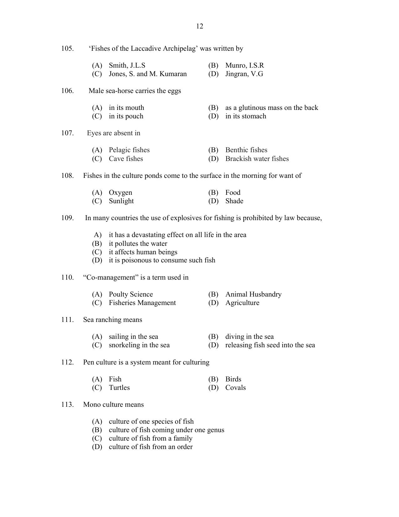 CUSAT CAT 2017 Fisheries Question Paper - Page 12