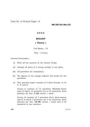 Meghalaya Board (MBOSE) Class 12 BIOLOGY (HS-XII-Sc-Bio-22) 2022 Question Paper