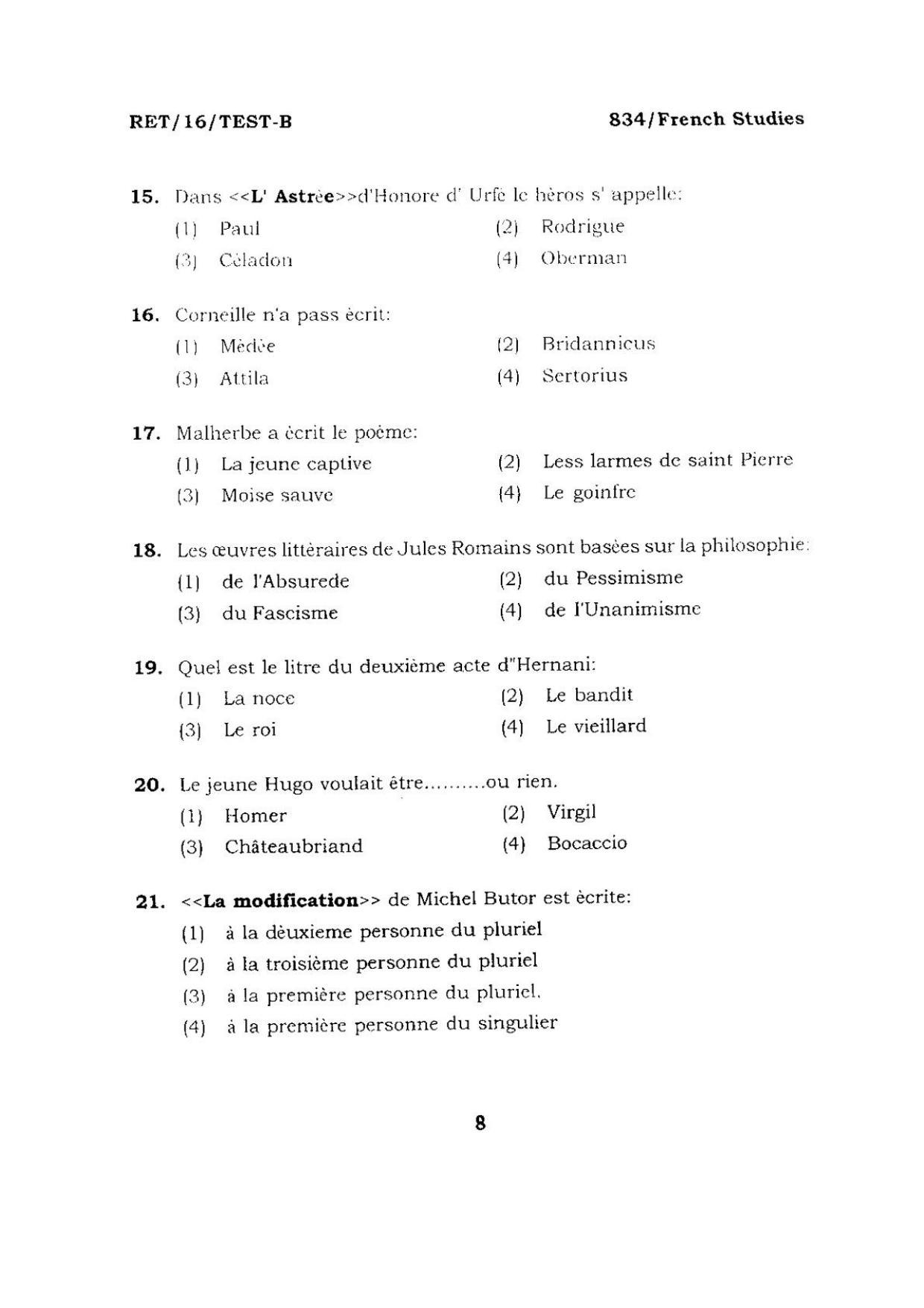 BHU RET FRENCH STUDIES 2016 Question Paper - Page 8