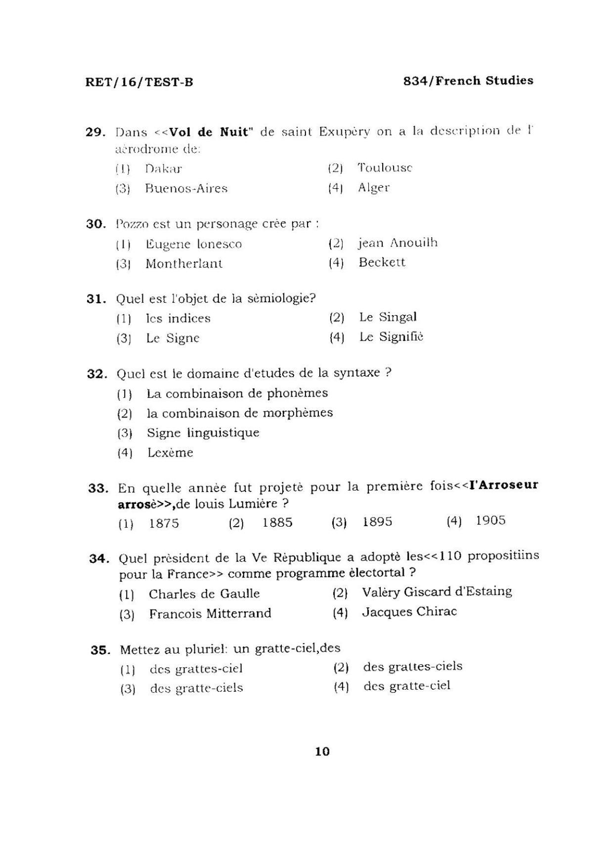 BHU RET FRENCH STUDIES 2016 Question Paper - Page 10