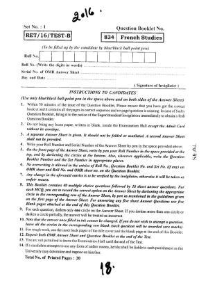 BHU RET FRENCH STUDIES 2016 Question Paper