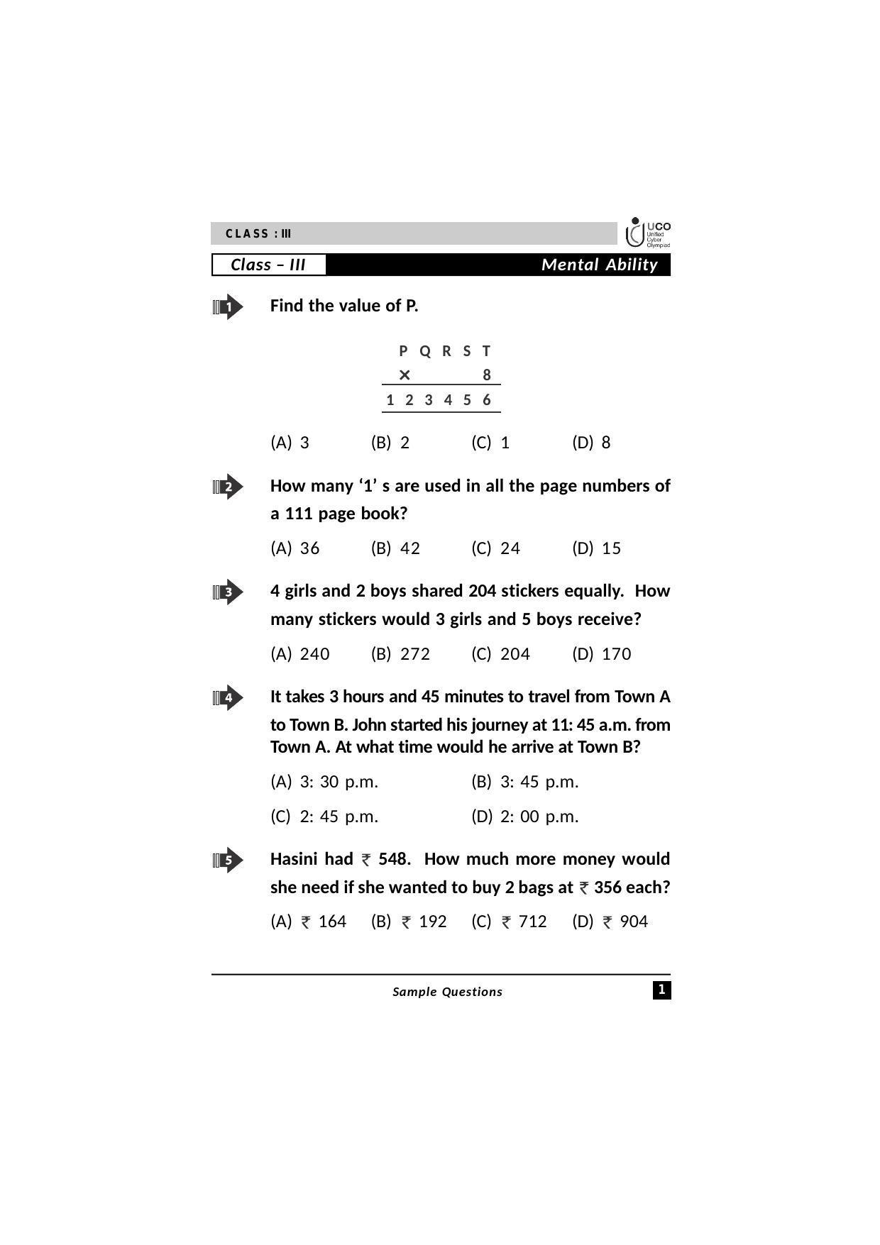 UCO Sample Papers for Class 3 - Page 1