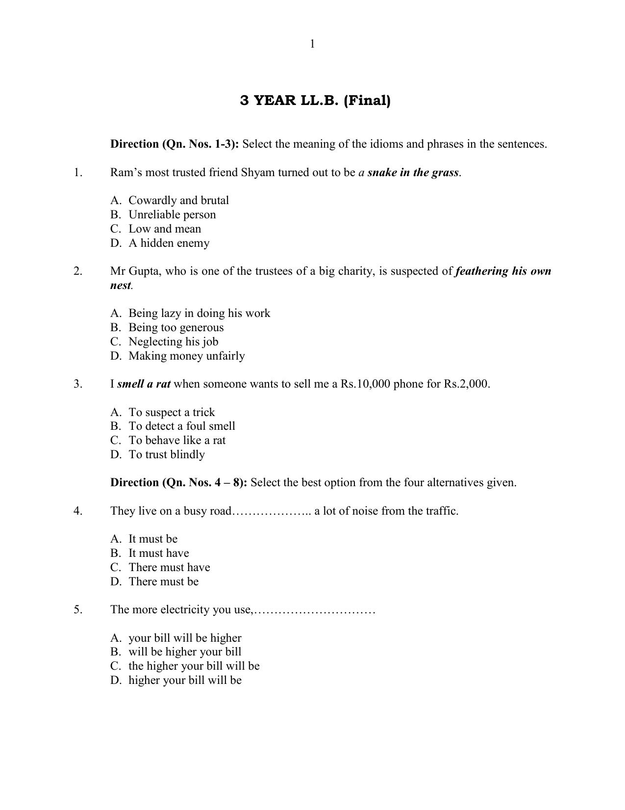 CUSAT CAT 2016 3 YEAR LLB Question Paper - Page 1