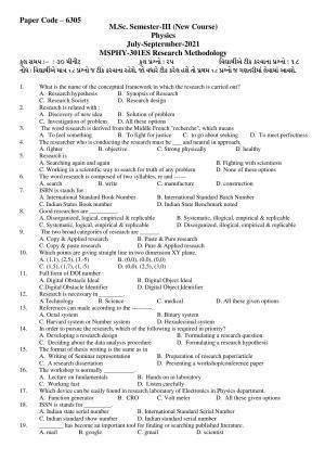 Hemchand North Gujarat University Sample Paper July-Sept 2021:  M.Sc. Semester-III MSPHY - 301-ES Research Methodology Paper Code – 6305 (New Course)
