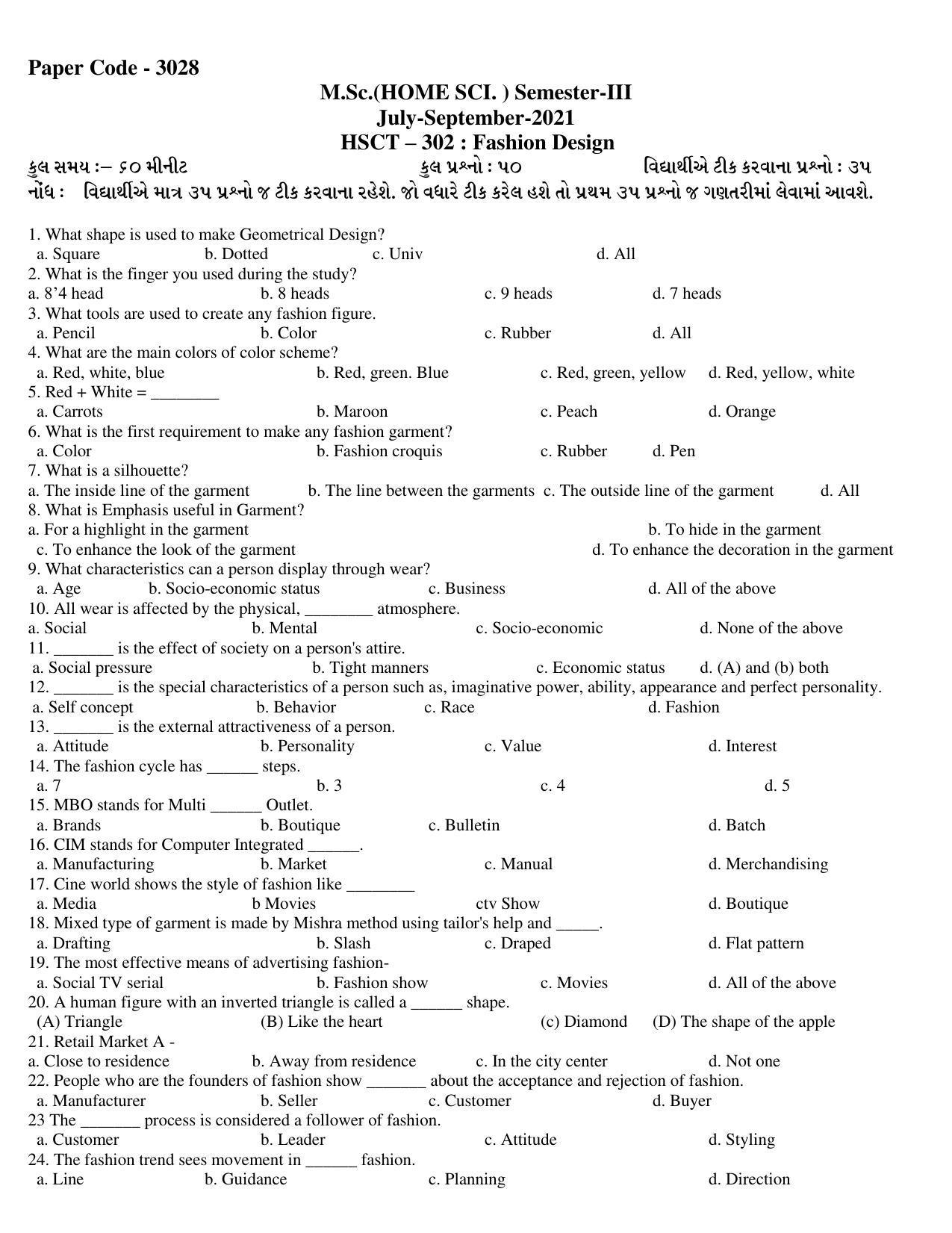 Hemchand North Gujarat University Sample Paper July-Sept 2021: M.Sc.(Home Sci ) Semester-III HSCT – 302 : Fashion Design Paper Code - 8603 - Page 4
