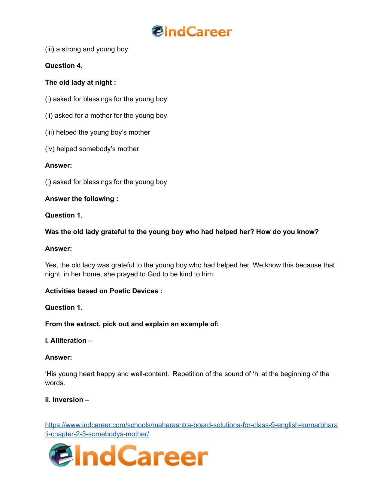 Maharashtra Board Solutions for Class 9- English Kumarbharati: Chapter 2.3- Somebody’s Mother - Page 11