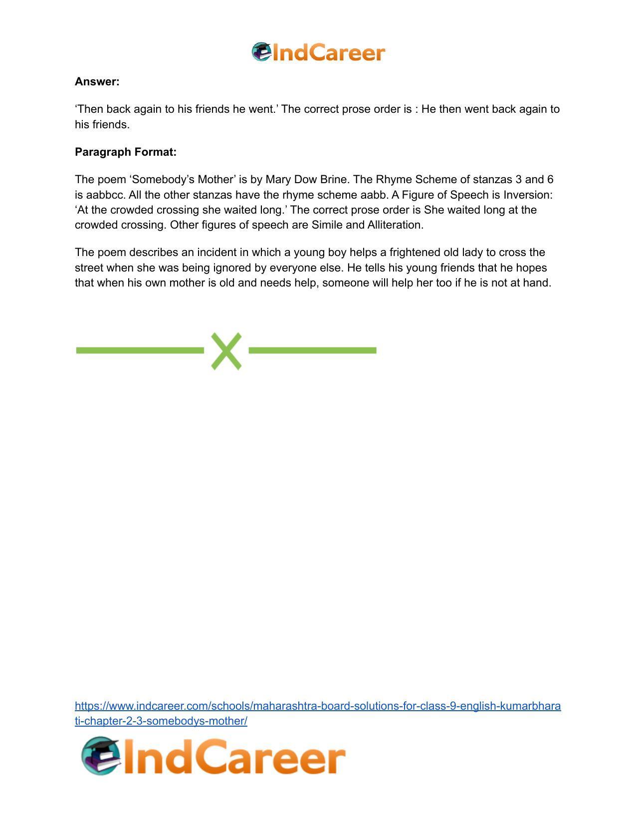Maharashtra Board Solutions for Class 9- English Kumarbharati: Chapter 2.3- Somebody’s Mother - Page 12