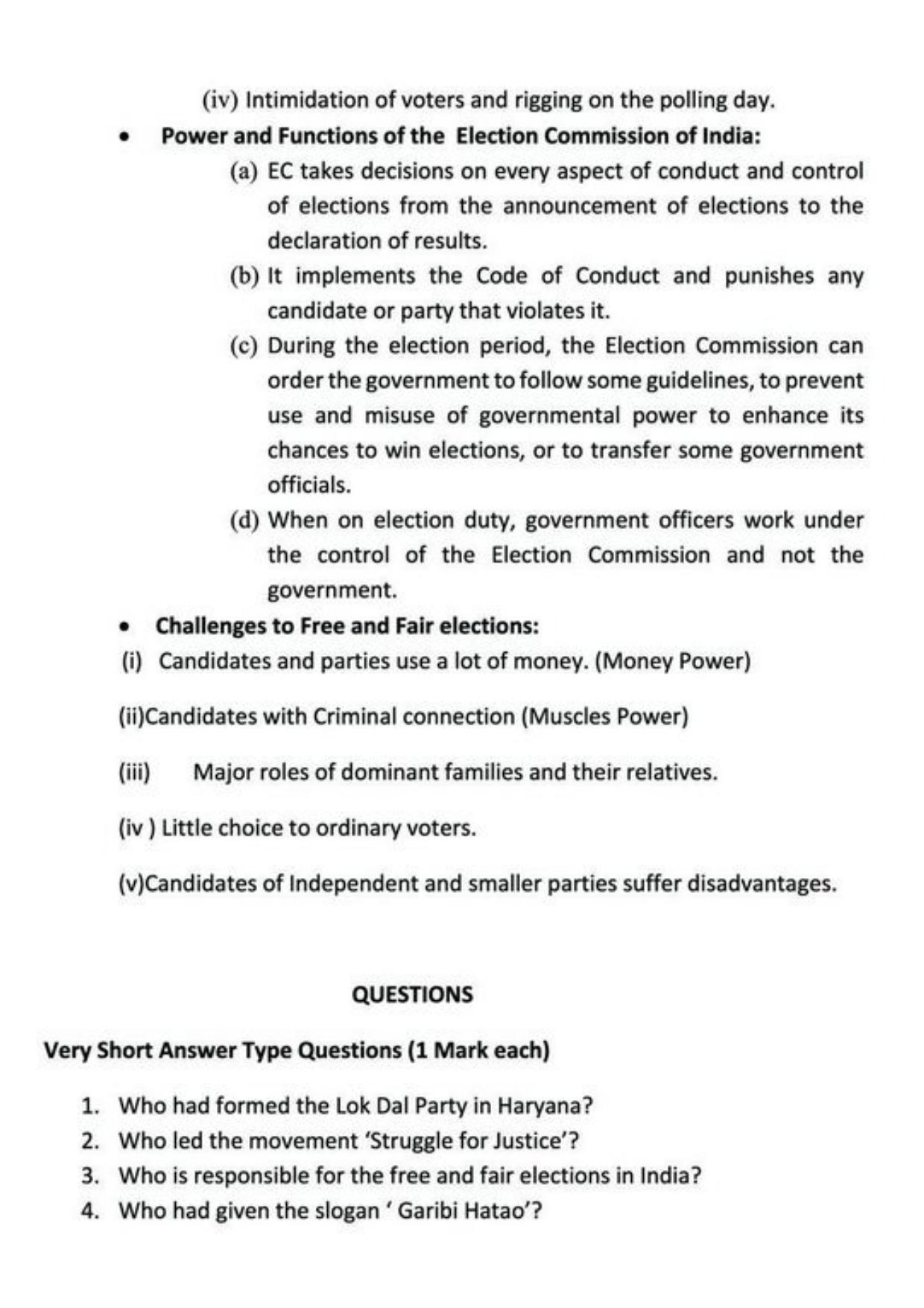 Class 9 Notes, Question & Practice Paper - Political Science (Topic 3 : Electoral Politics) - Page 5