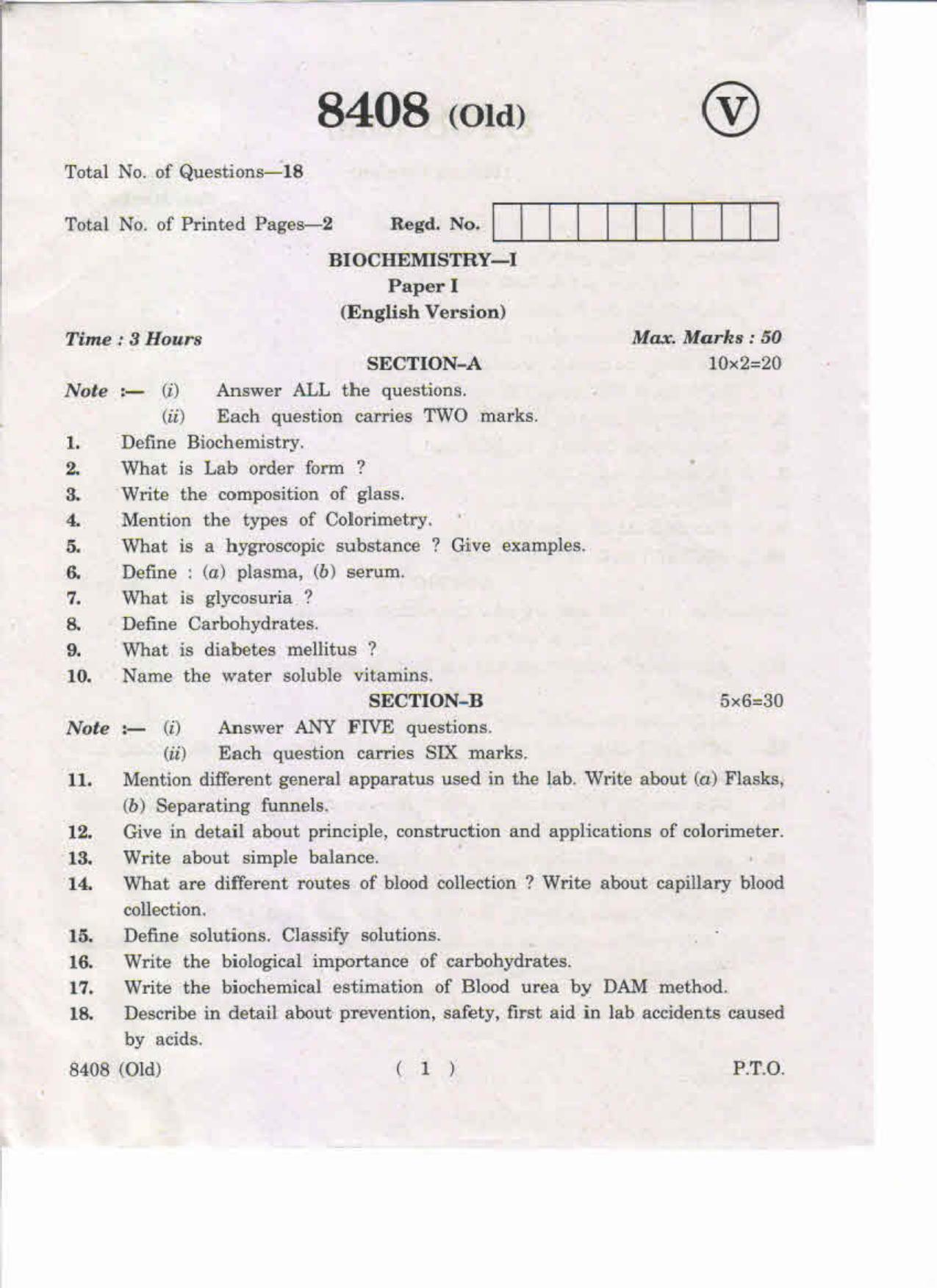 AP Inter. 2nd Year Vocational Question Paper May – 2019 - Biochemistry-I(Old) - Page 1