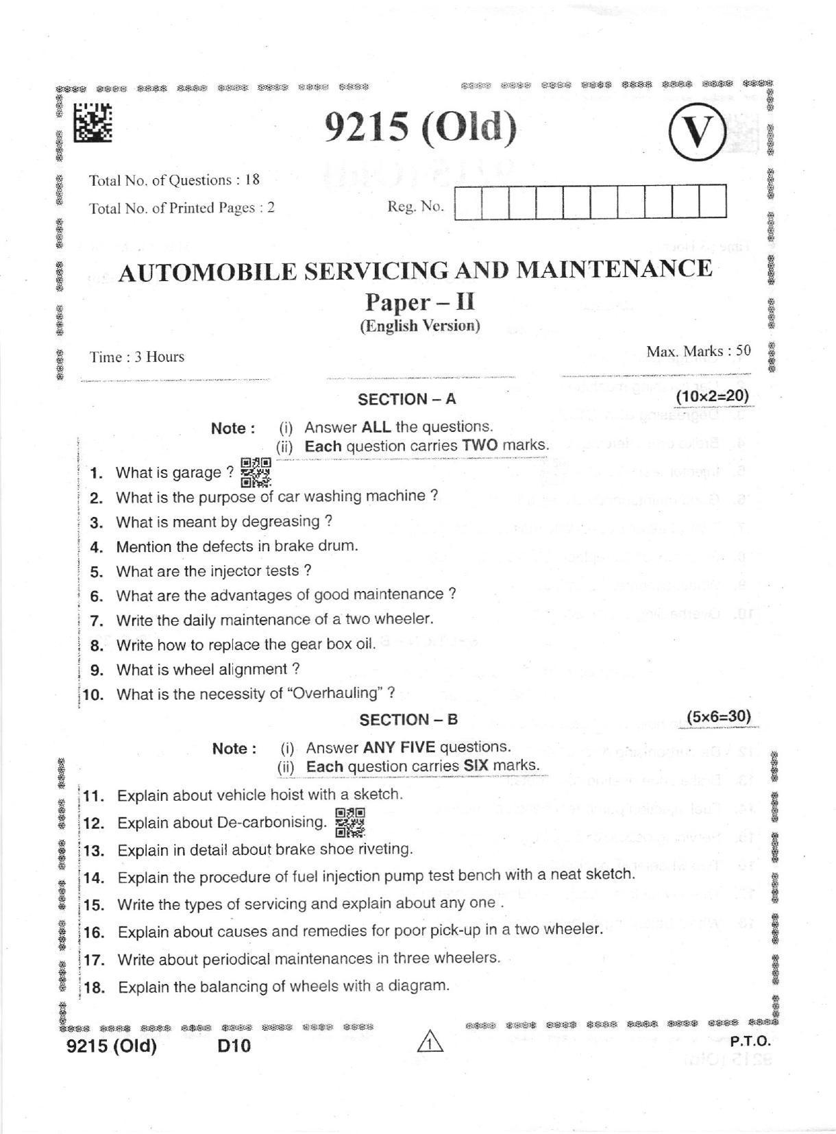 AP Intermediate 2nd Year Vocational Question Paper September-2021- Automobile_Servicing&Maintenance(OLD)-II - Page 1