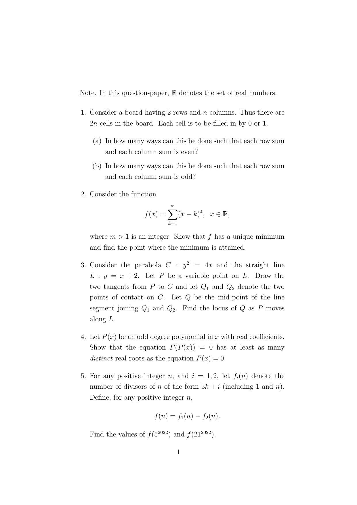 ISI Admission Test B. Math UGB 2022 Sample Paper - Page 1