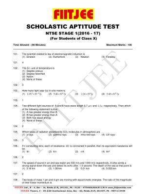 Uttar Pradesh NTSE 2017 SAT Question Papers