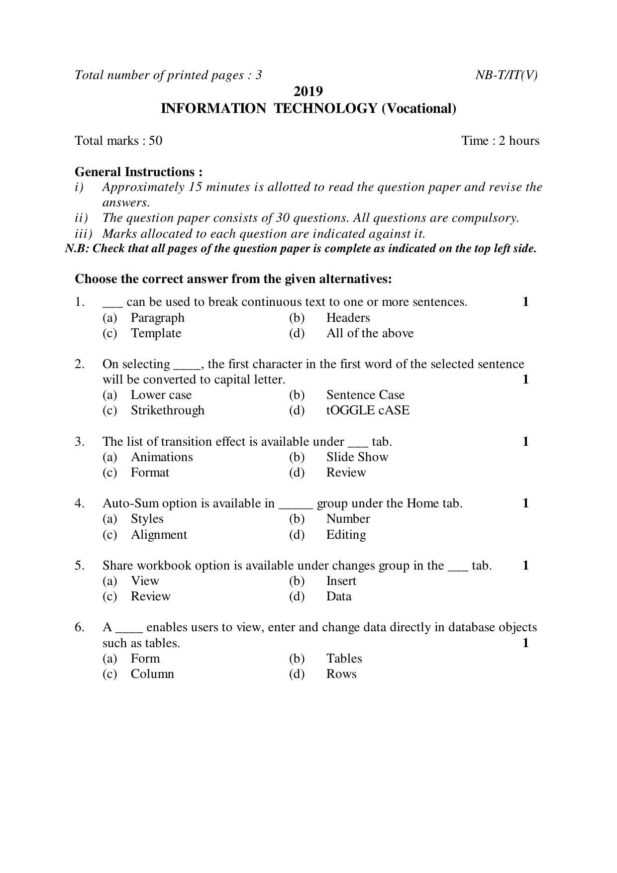 Nagaland Board Class 10 INFORMATION TECHNOLOGY (Vocational) 2019 Question Paper - Page 1