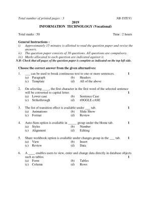 Nagaland Board Class 10 INFORMATION TECHNOLOGY (Vocational) 2019 Question Paper
