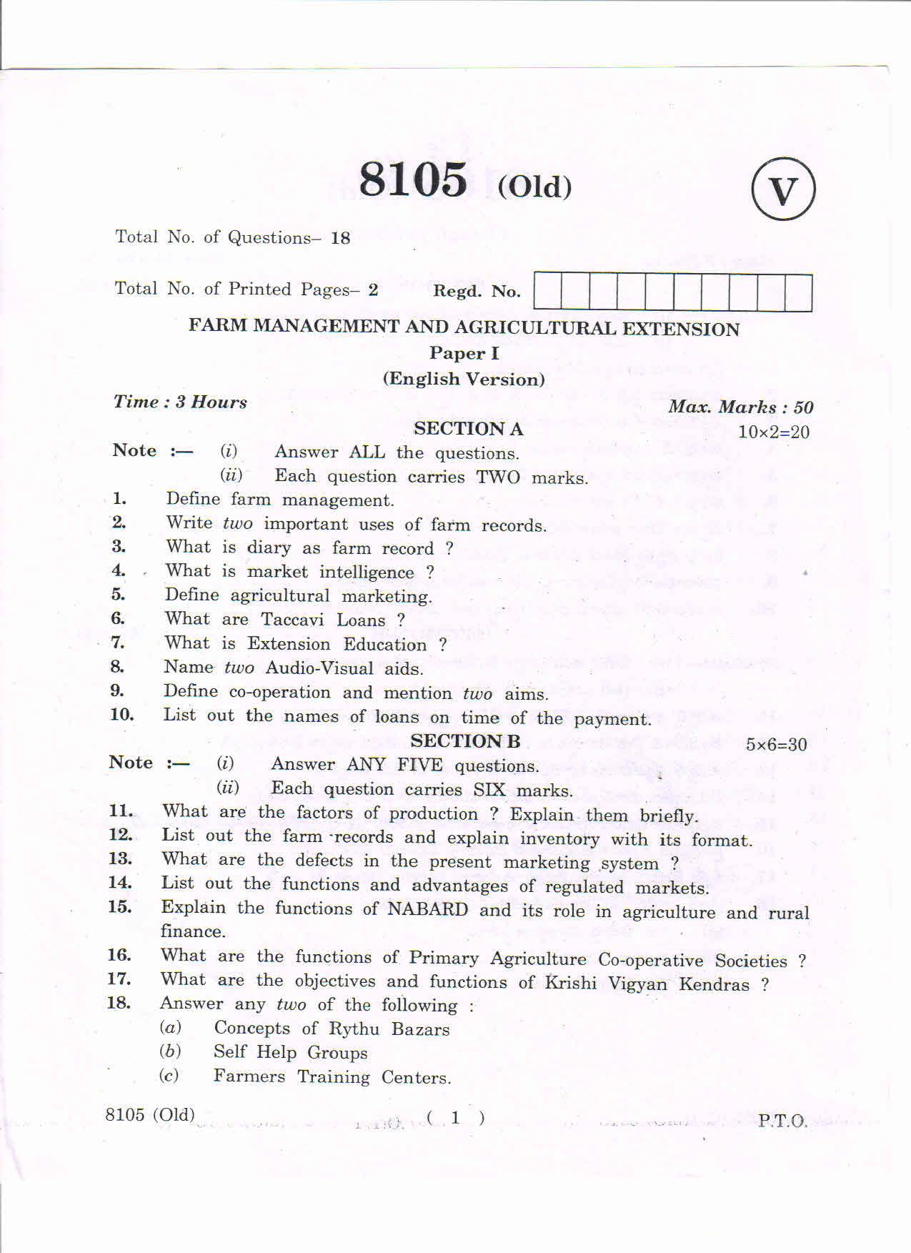 AP Inter 1st Year Farm Management and Agriculture Extension-I (Old) March-2019-Vocational Question Paper - Page 1
