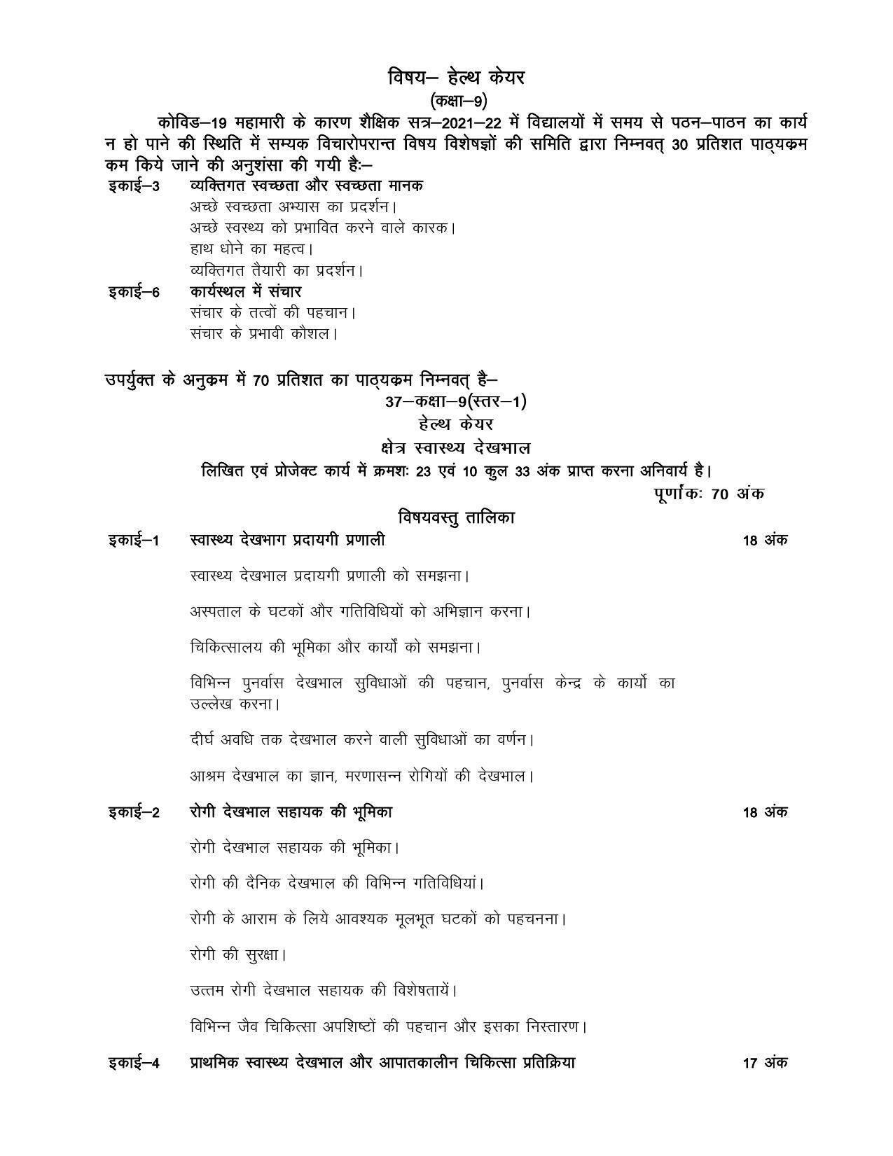 UP Board 9th Syllabus Health Care - Page 1