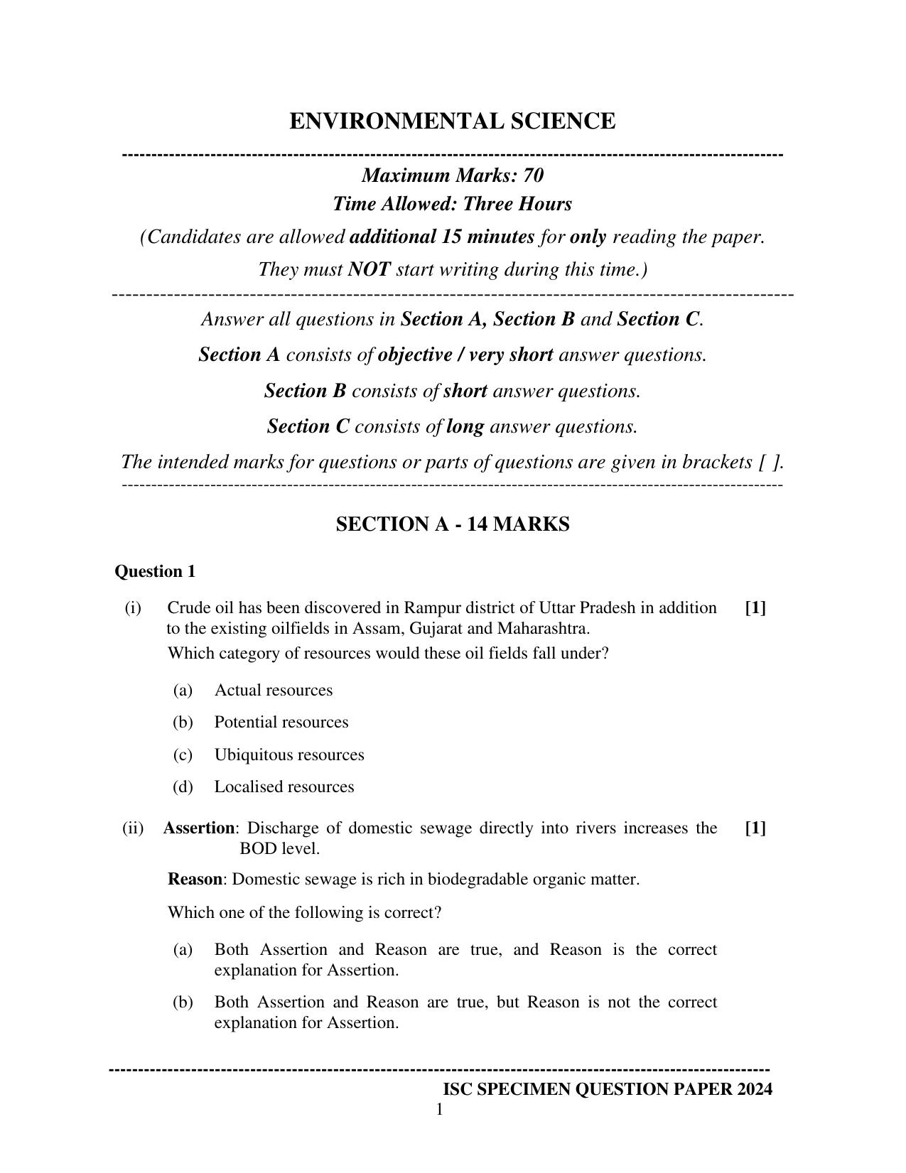 ISC Class 12 2024 Environmental Science Sample Paper - Page 1