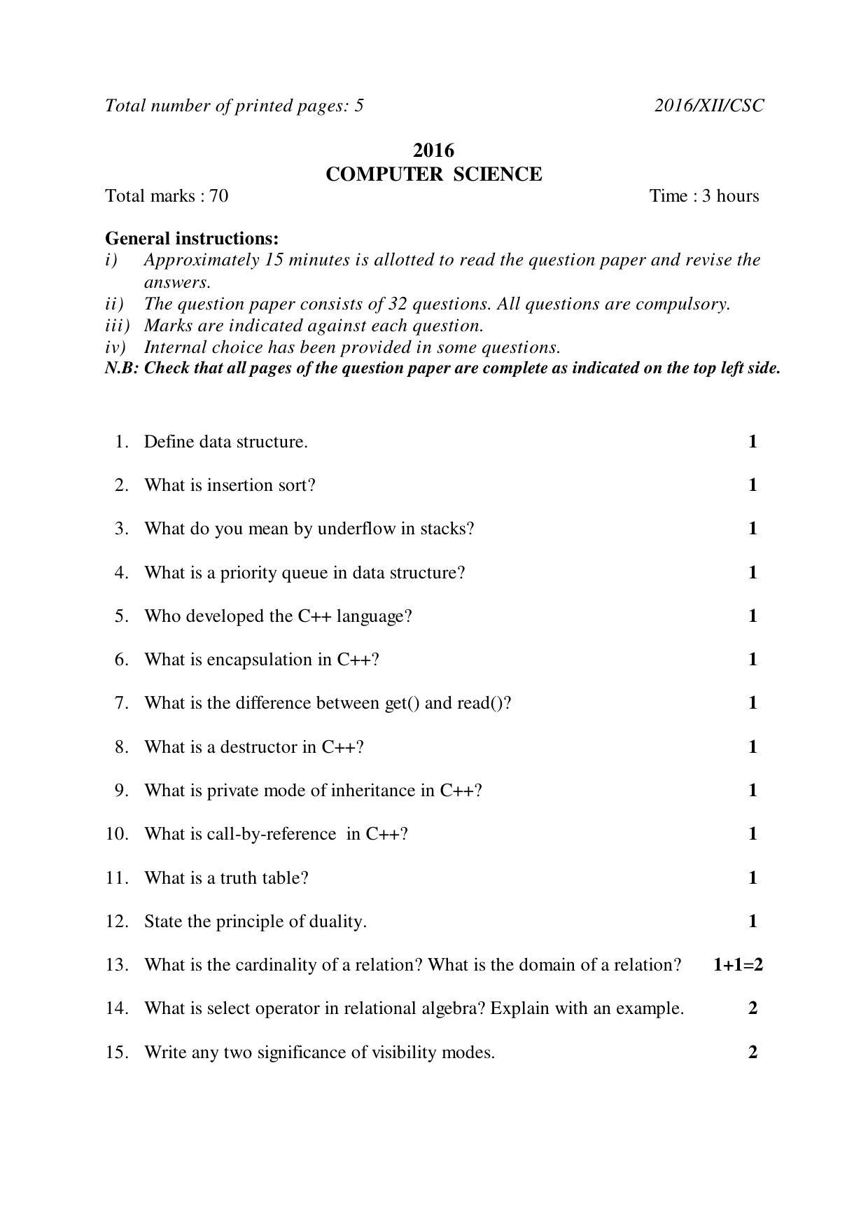 Nagaland Board Class 12 COMPUTER SCIENCE 2016 Question Papers - Page 1