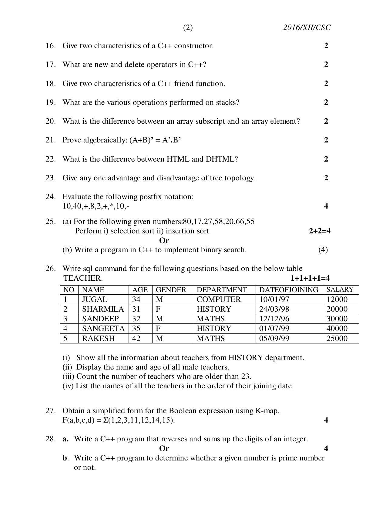 Nagaland Board Class 12 COMPUTER SCIENCE 2016 Question Papers - Page 2