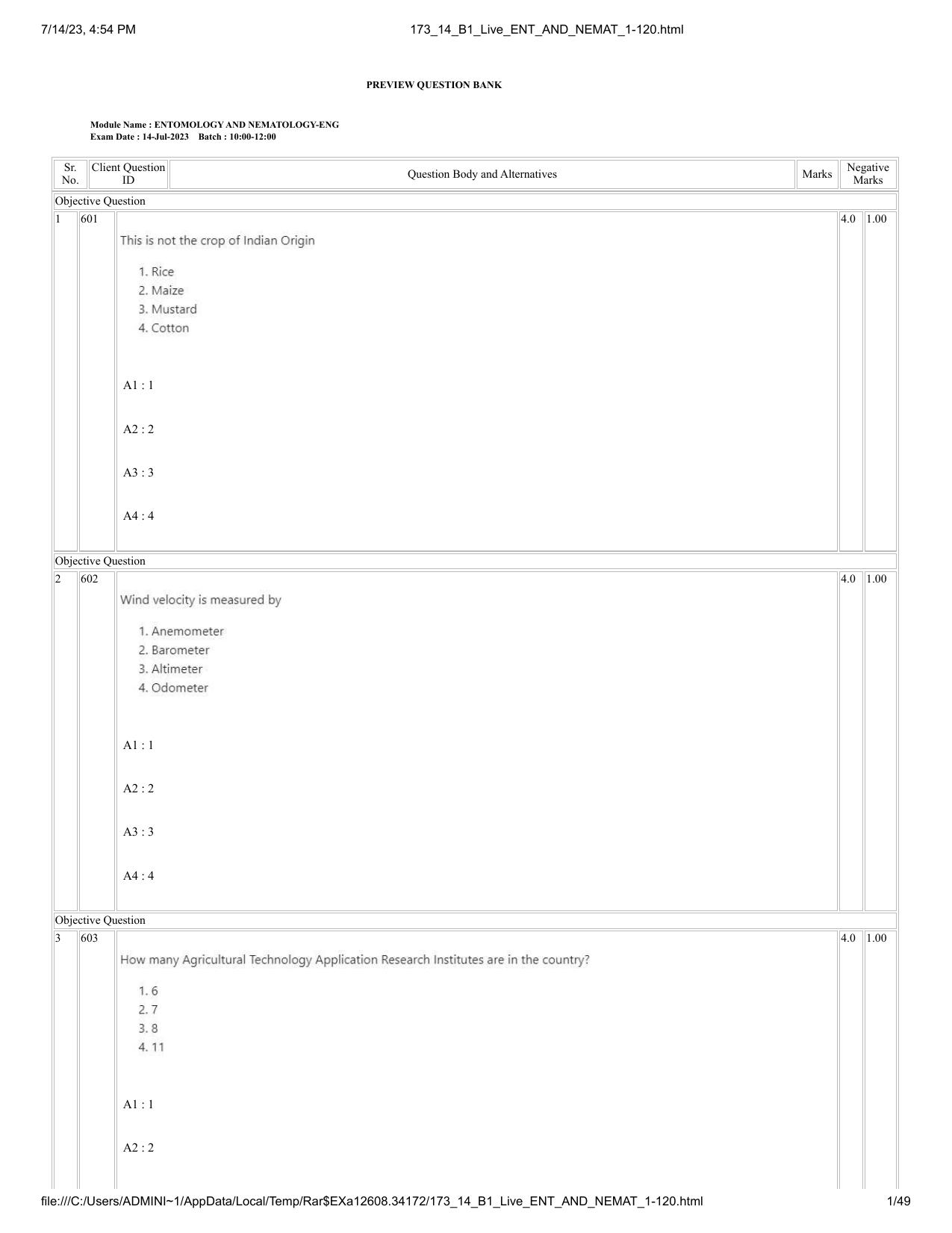 ICAR AIEEA PG 2023 ENTOMOLOGY AND NEMATOLOGY Question Paper- 14 July 2023 - Page 1