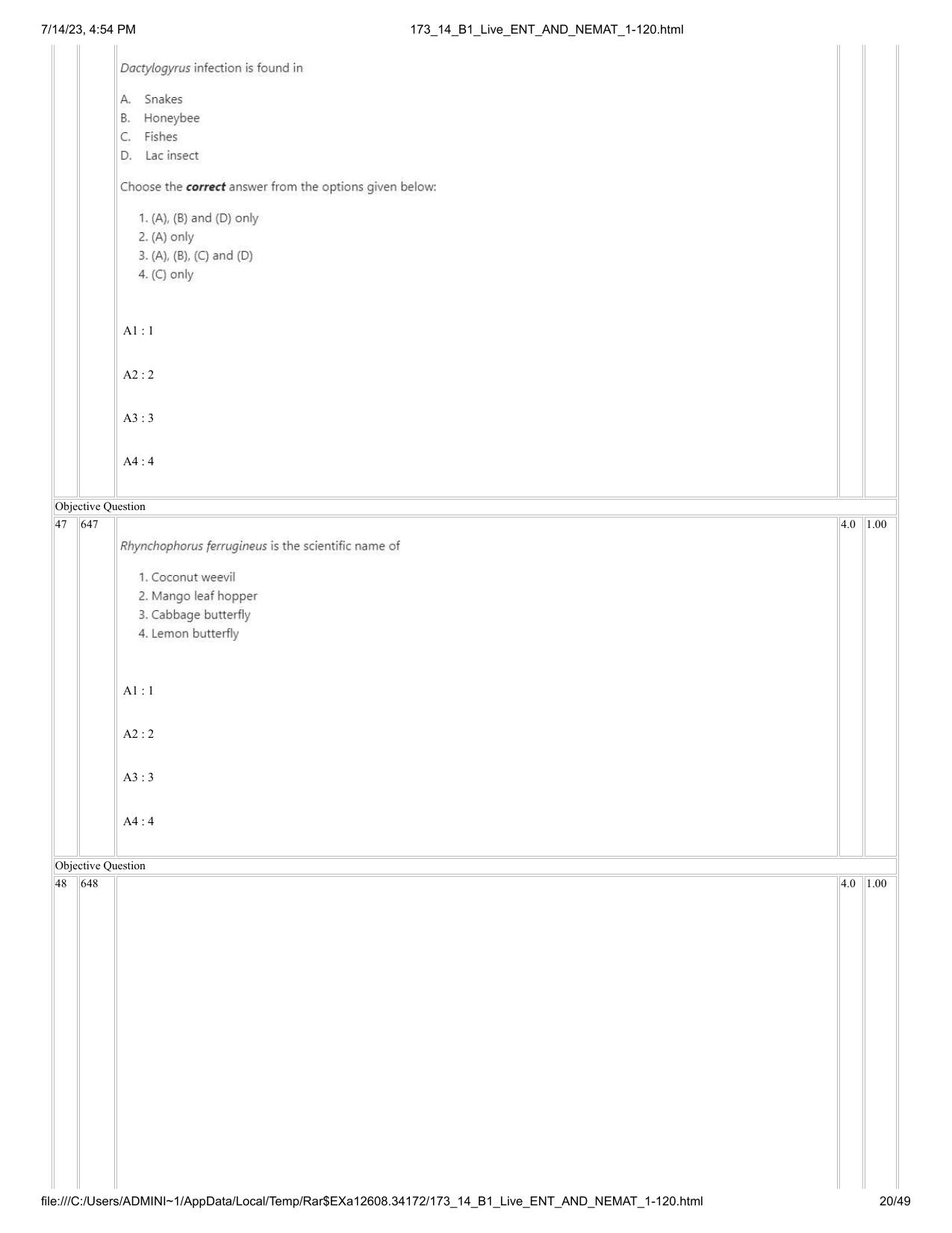 ICAR AIEEA PG 2023 ENTOMOLOGY AND NEMATOLOGY Question Paper- 14 July 2023 - Page 20