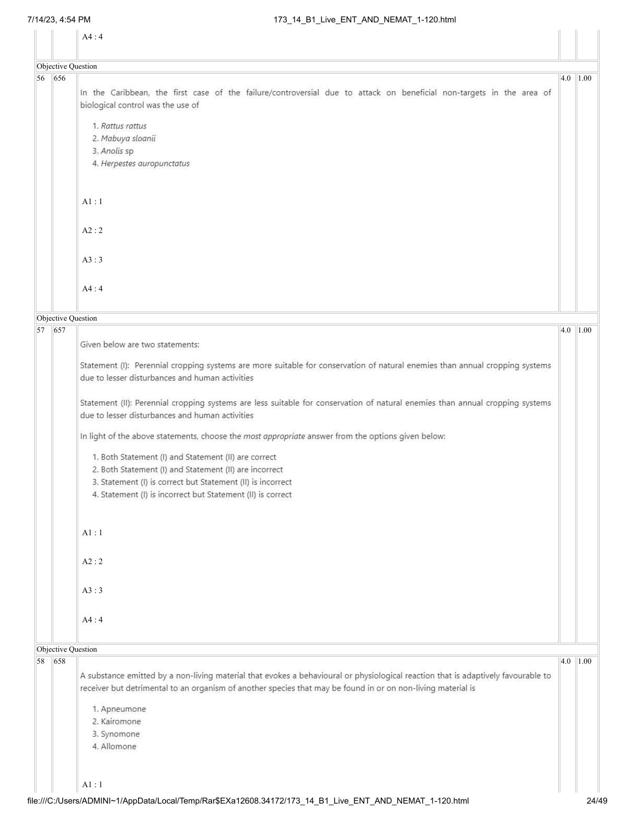 ICAR AIEEA PG 2023 ENTOMOLOGY AND NEMATOLOGY Question Paper- 14 July 2023 - Page 24