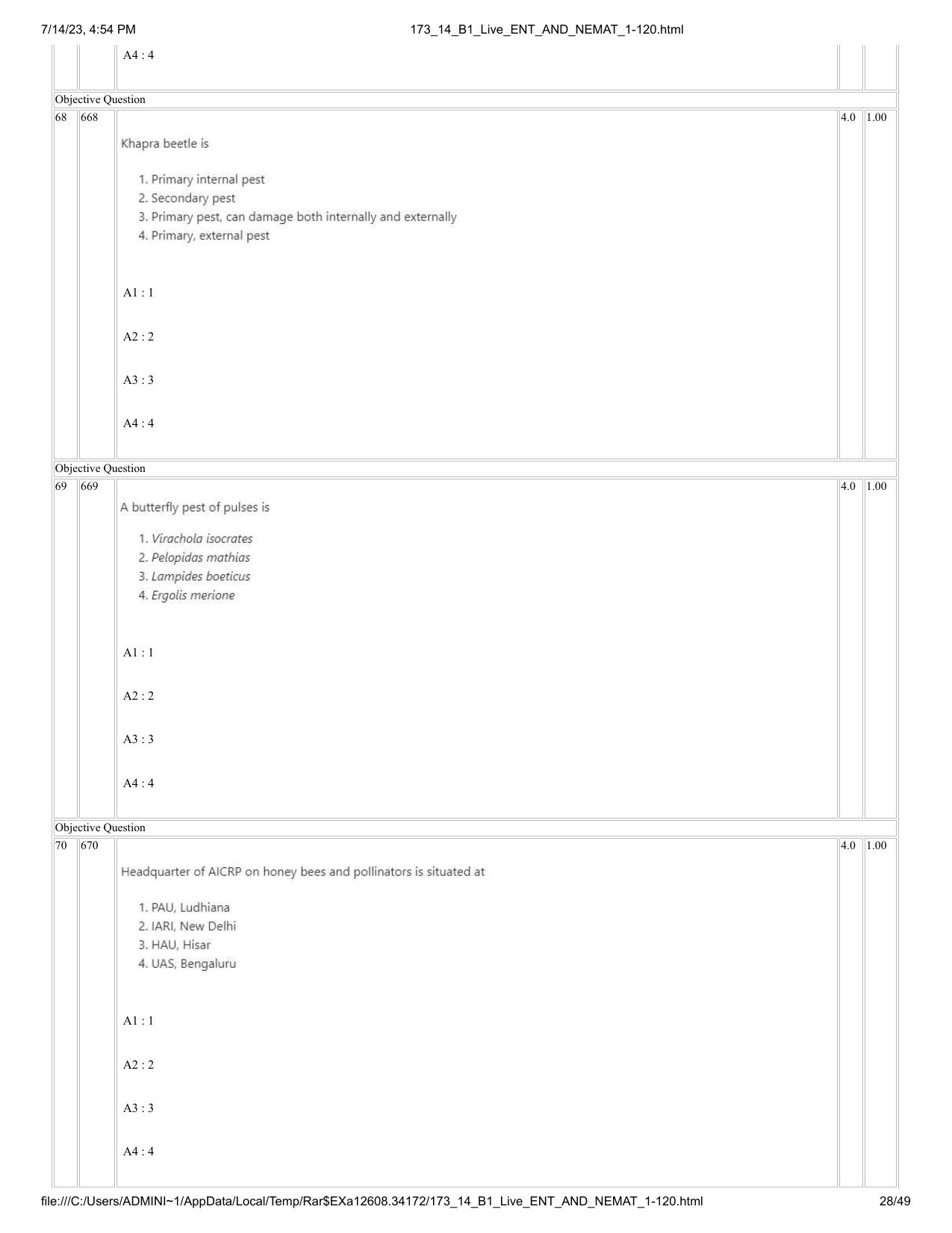 ICAR AIEEA PG 2023 ENTOMOLOGY AND NEMATOLOGY Question Paper- 14 July 2023 - Page 28