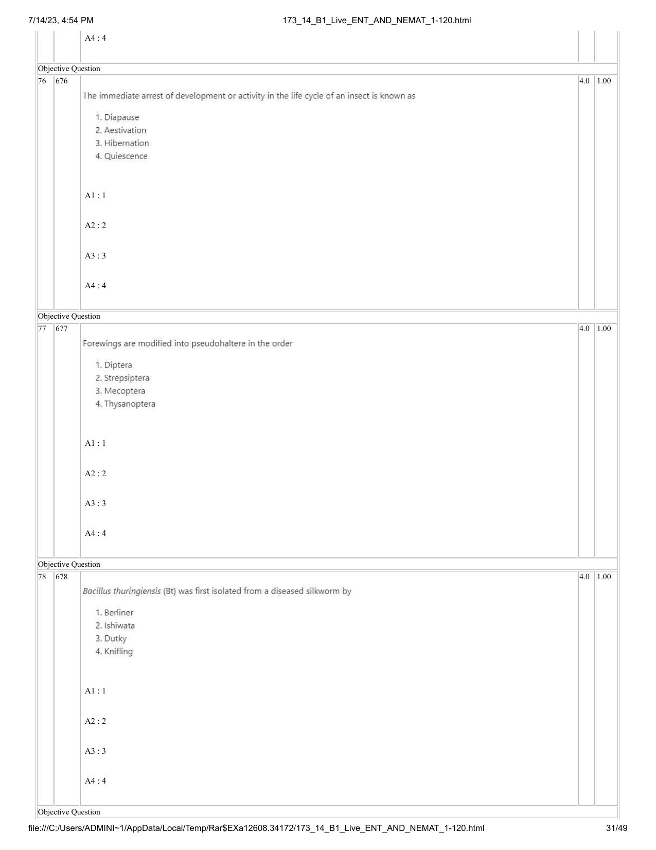 ICAR AIEEA PG 2023 ENTOMOLOGY AND NEMATOLOGY Question Paper- 14 July 2023 - Page 31