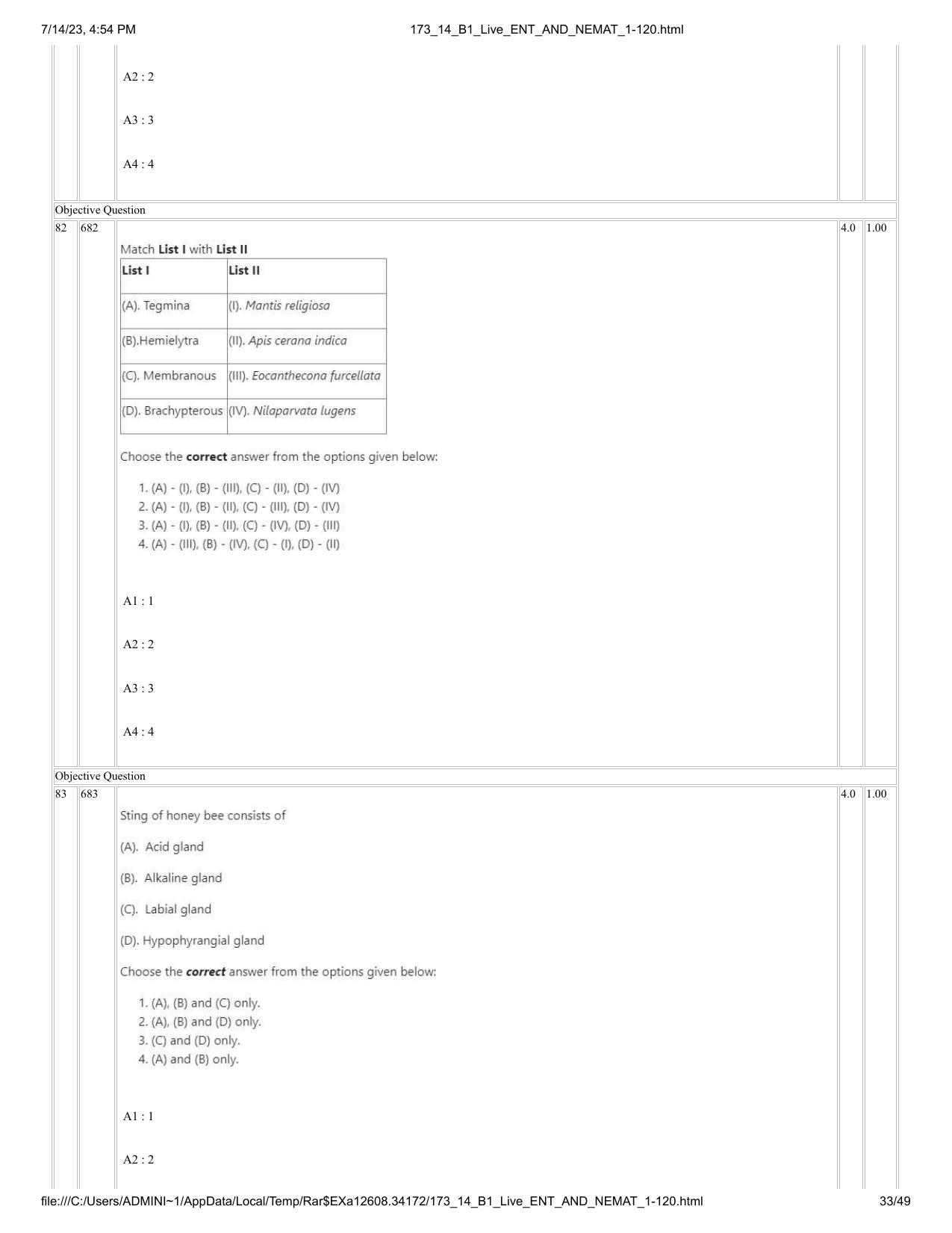 ICAR AIEEA PG 2023 ENTOMOLOGY AND NEMATOLOGY Question Paper- 14 July 2023 - Page 33