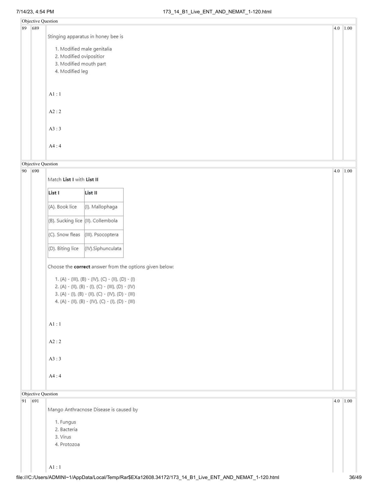 ICAR AIEEA PG 2023 ENTOMOLOGY AND NEMATOLOGY Question Paper- 14 July 2023 - Page 36