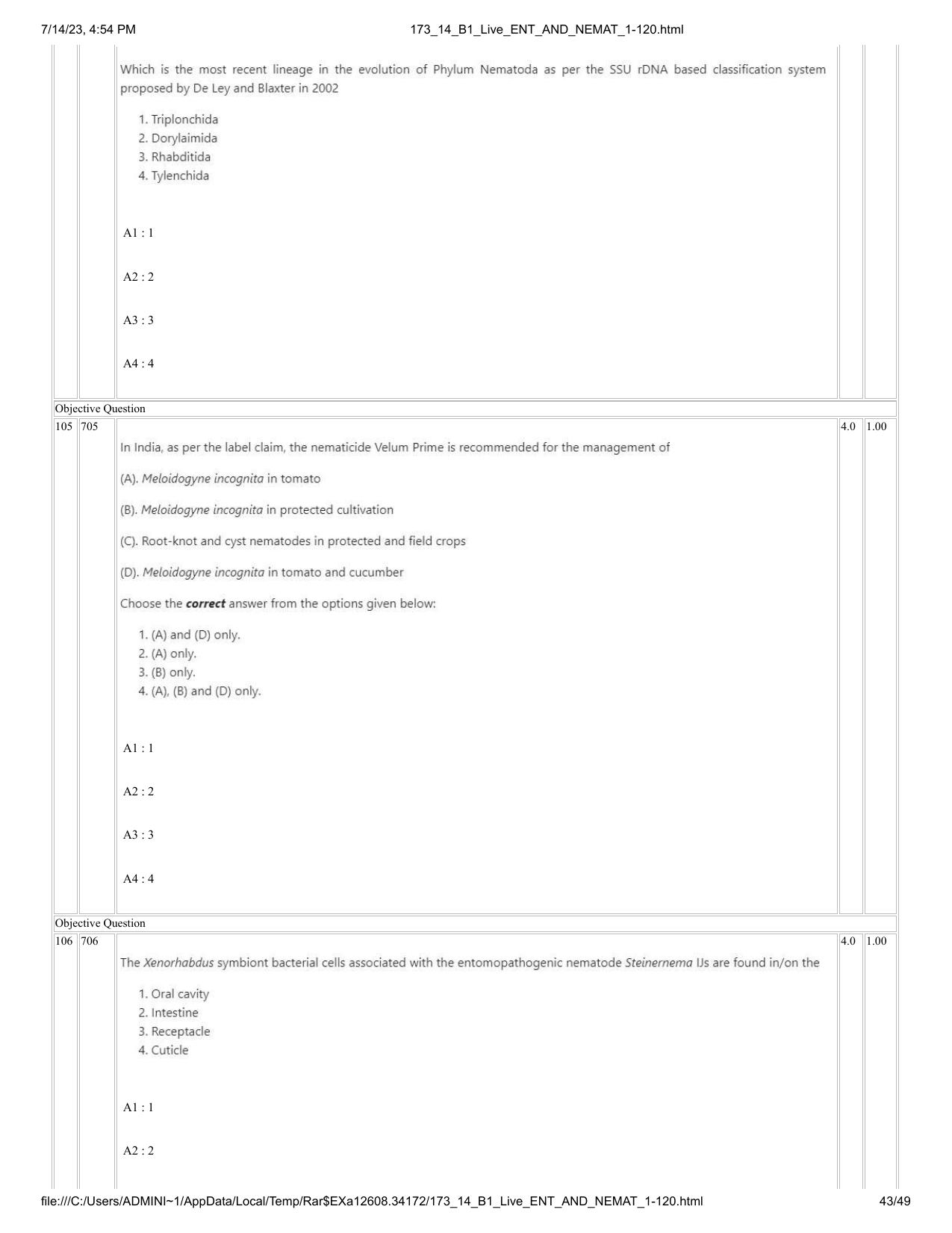 ICAR AIEEA PG 2023 ENTOMOLOGY AND NEMATOLOGY Question Paper- 14 July 2023 - Page 43
