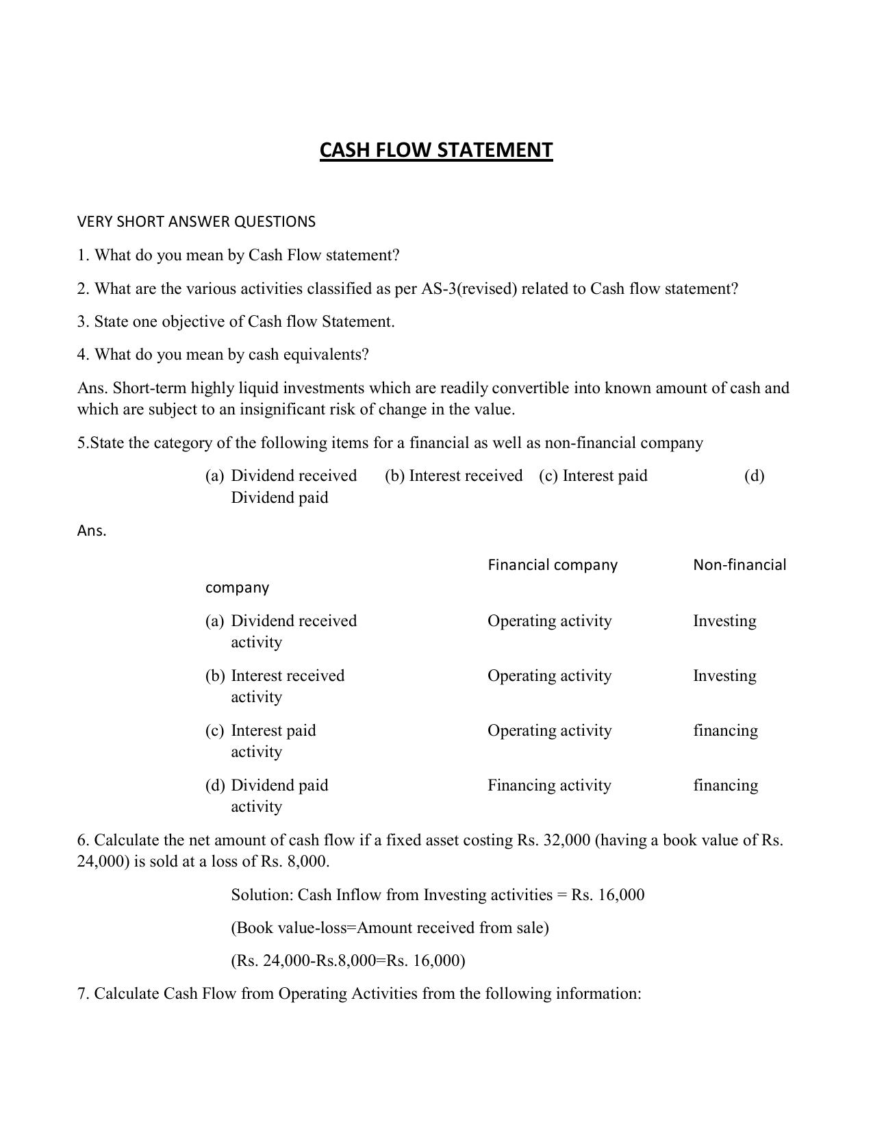 CBSE Worksheets for Class 12 Accountancy Cash Flow Statement - Page 1