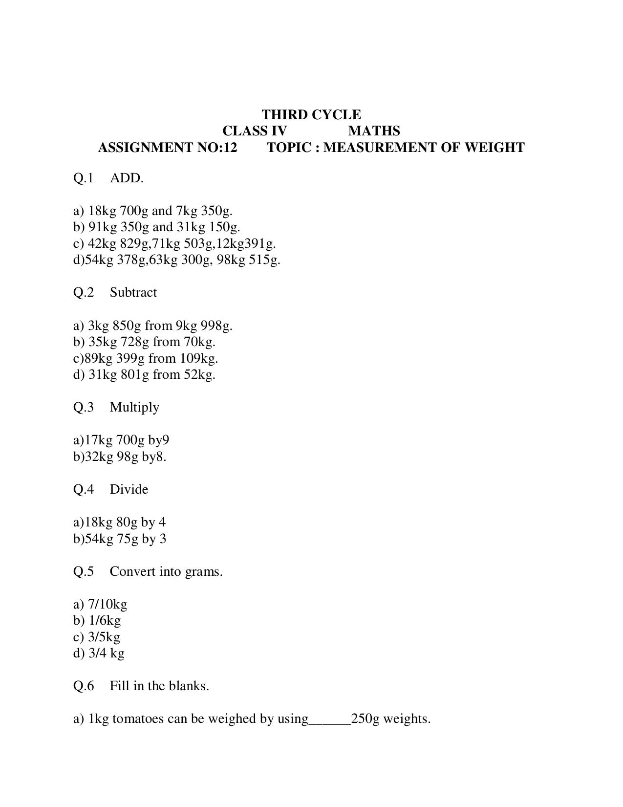 Worksheet for Class 4 Maths Assignment 2 - Page 1