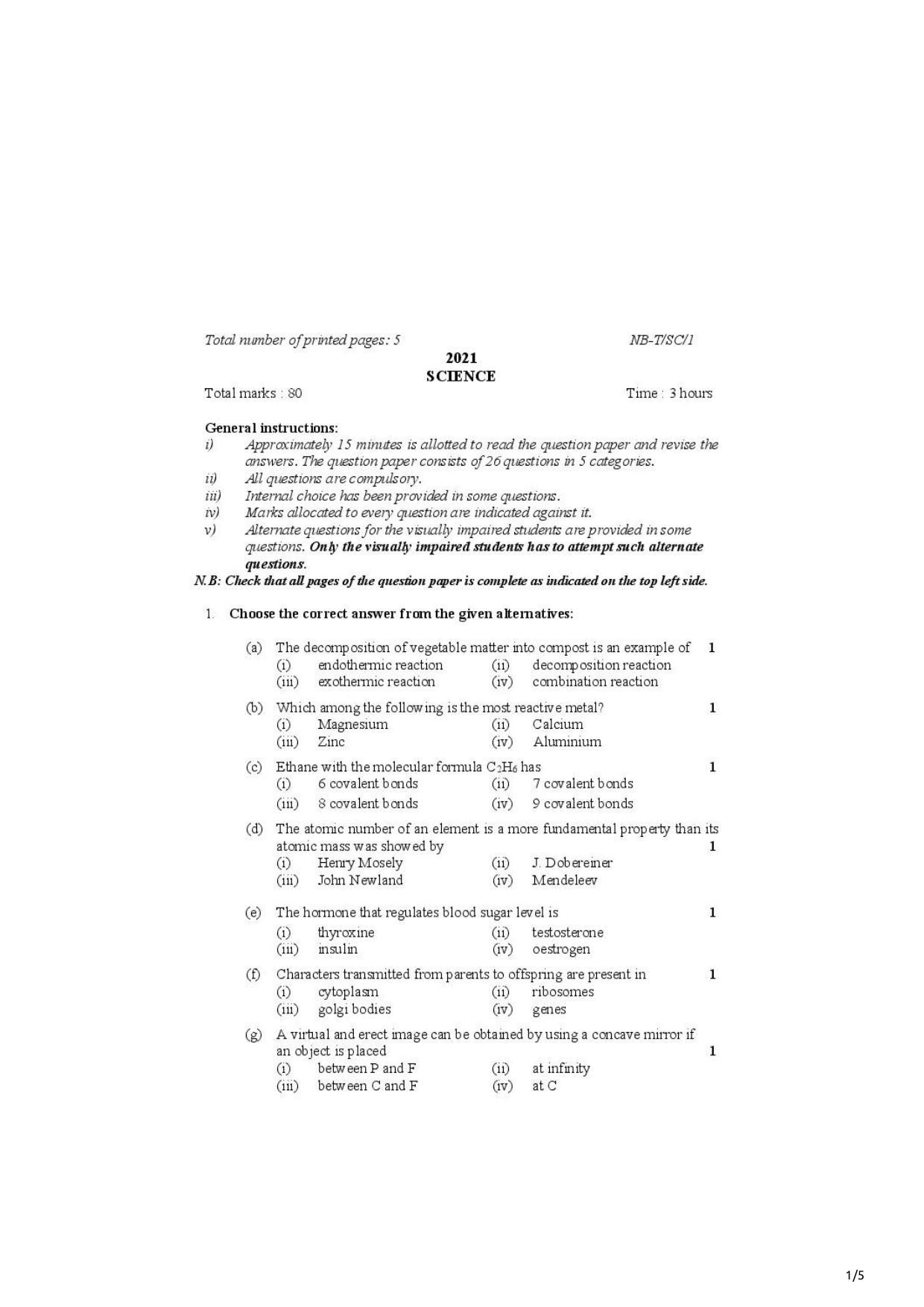 Nagaland Board Class 10 Science 2021 Question Paper - Page 1