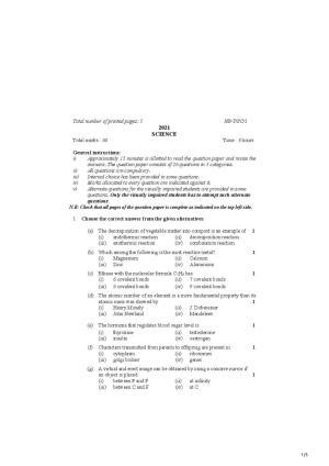 Nagaland Board Class 10 Science 2021 Question Paper