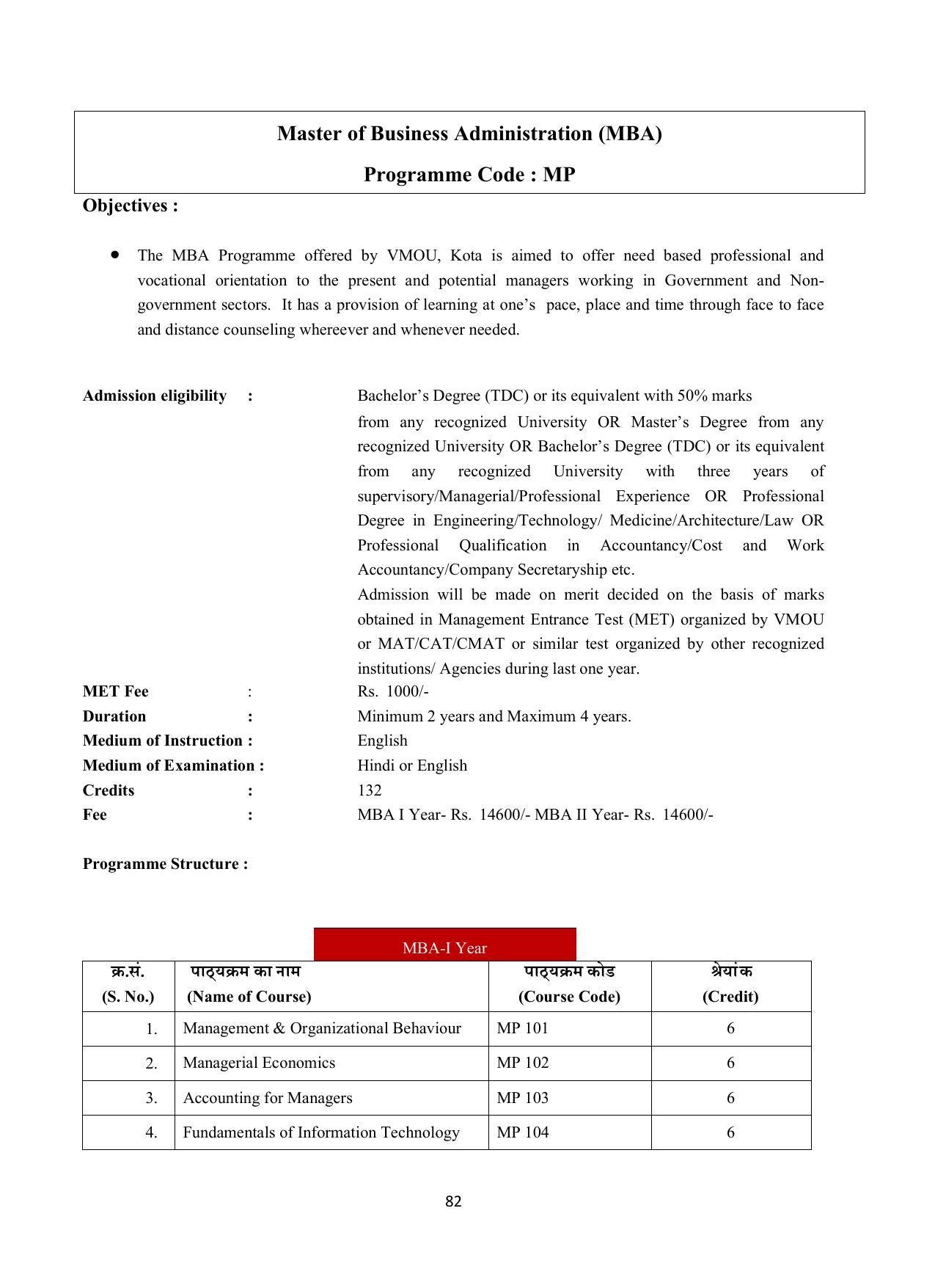 Vardhaman Mahaveer Open University (VMOU) Kota Prospectus 2021-22 - Page 82