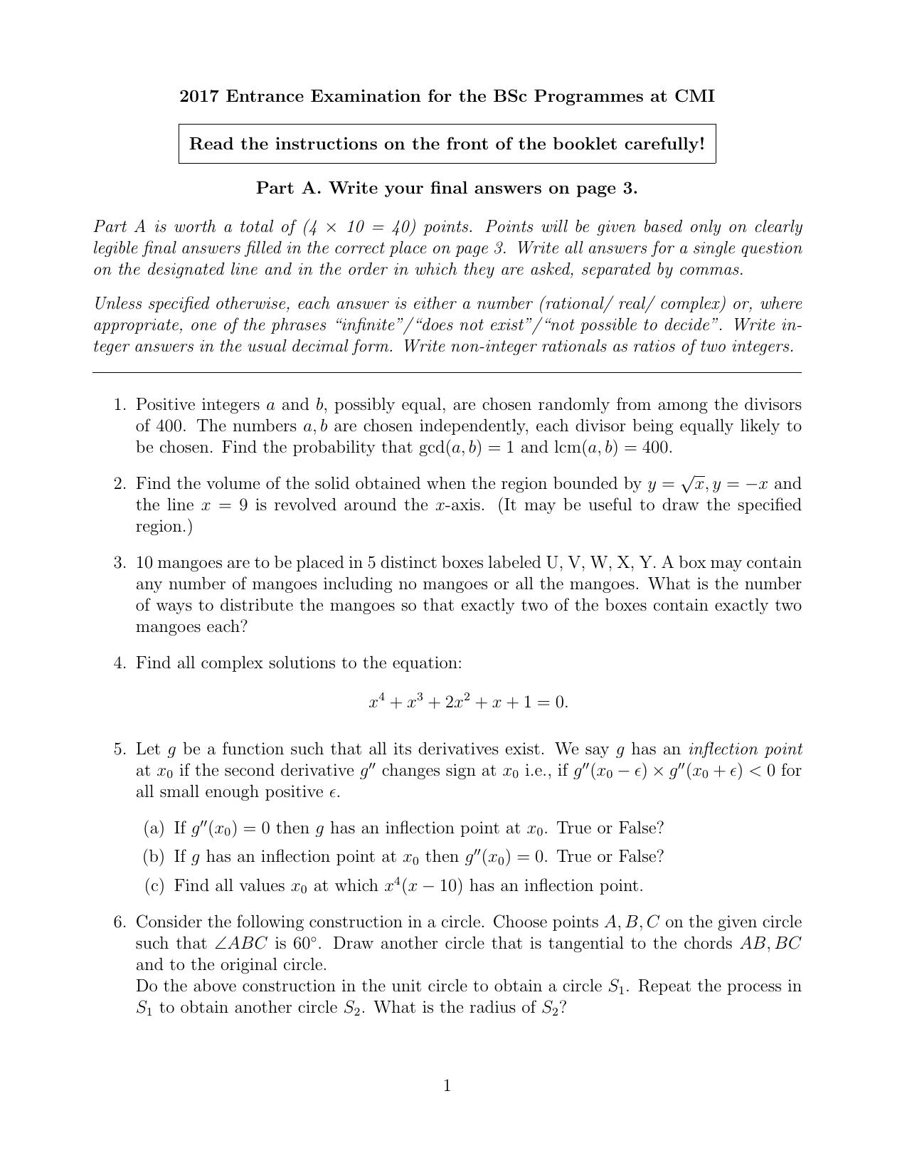 CMI Entrance Exam 2017 Question Paper B.Sc (Hons.) Mathematics and Computer Science - Page 1