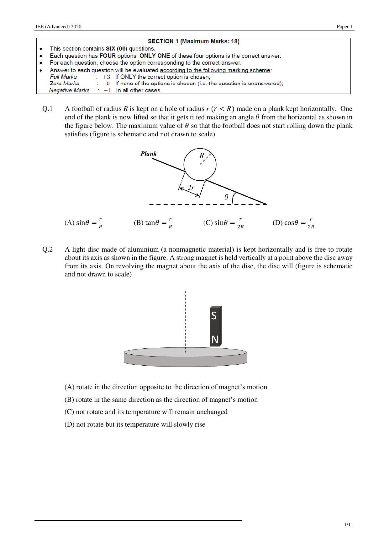 JEE (Advanced) 2020 Paper I - English Question Paper - Page 1