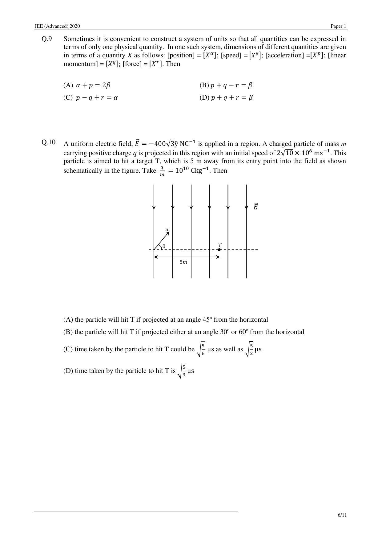 JEE (Advanced) 2020 Paper I - English Question Paper - Page 6