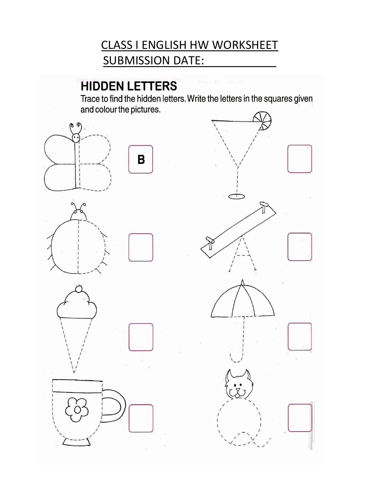 Worksheet for Class 1 English Assignment 64 Hidden Letters - Page 1