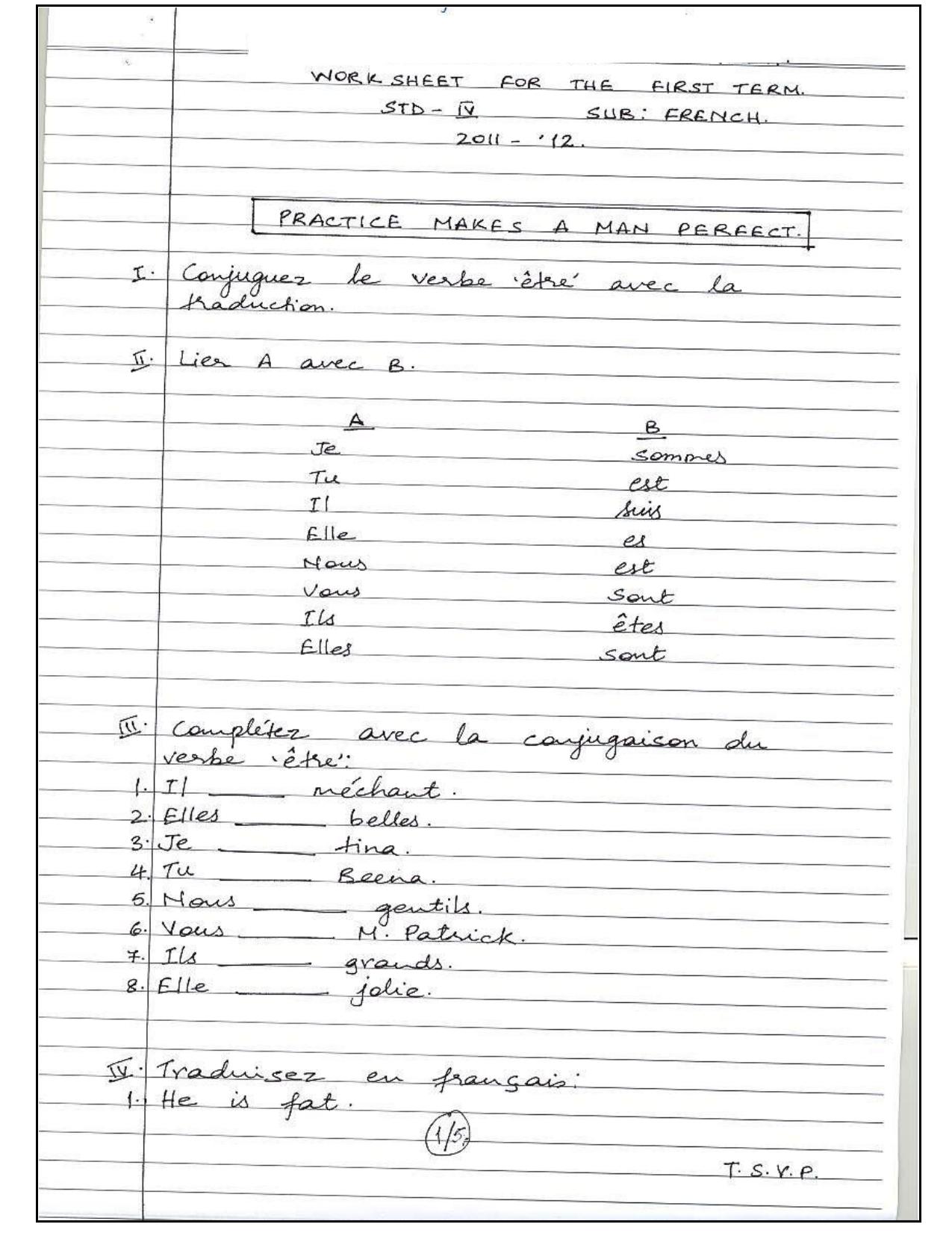 Worksheet for Class 4 French Assignment 10 - Page 1