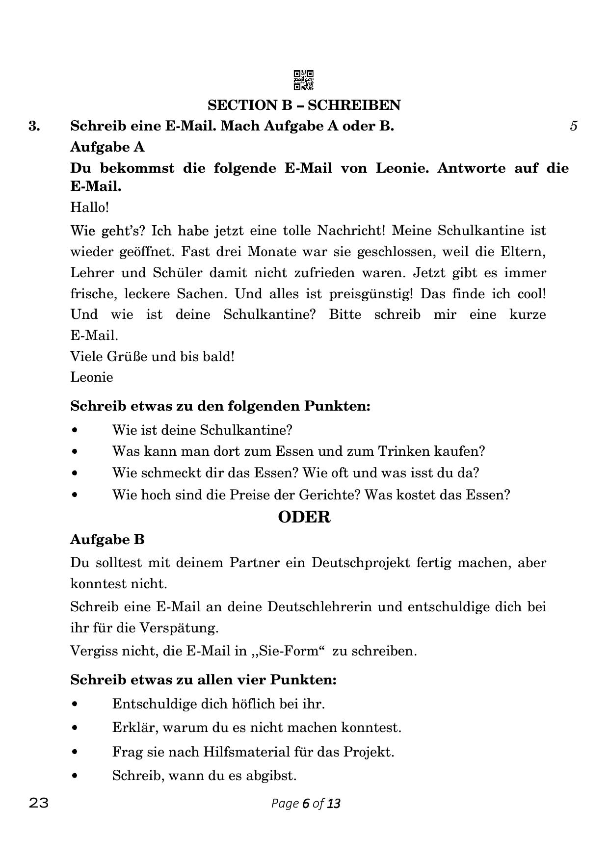 CBSE Class 10 German (Compartment) 2023 Question Paper - Page 6