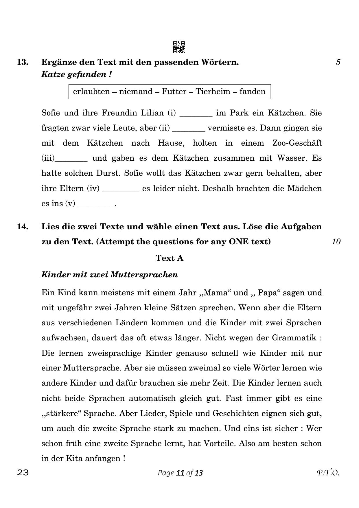 CBSE Class 10 German (Compartment) 2023 Question Paper - Page 11