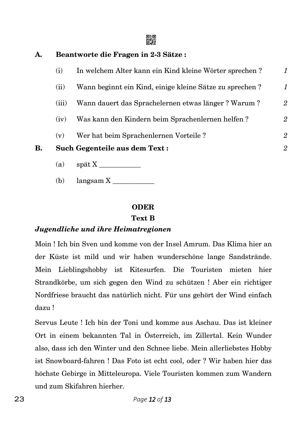 CBSE Class 10 German (Compartment) 2023 Question Paper - Page 12