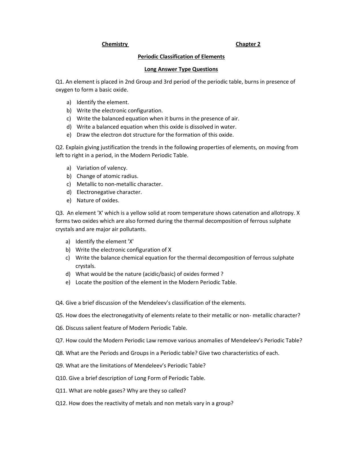 JKBOSE Class 10 Periodic Classification of Elements (Chemistry) Question Bank - Page 1