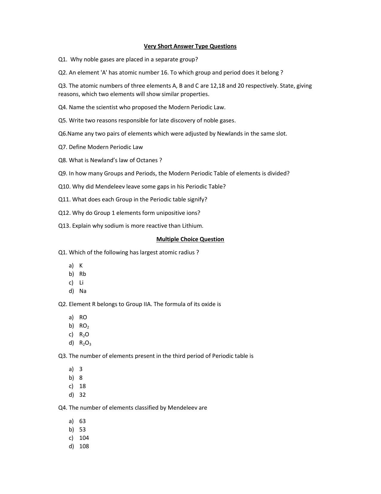 JKBOSE Class 10 Periodic Classification of Elements (Chemistry) Question Bank - Page 2