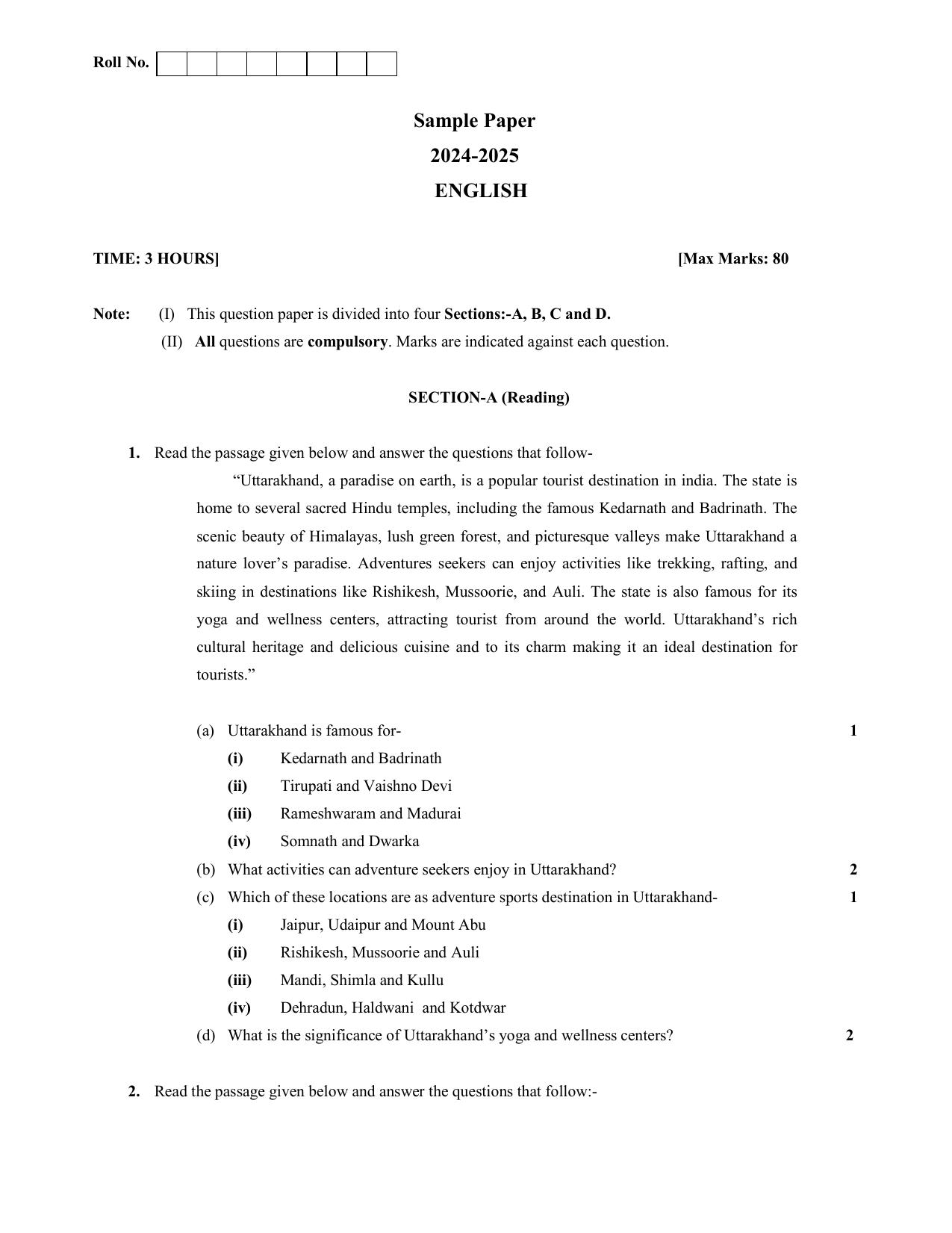 UBSE Class 10 English 2025 Model Paper - Page 1